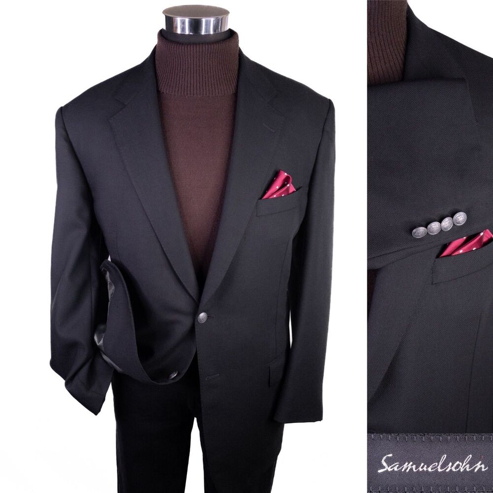 Samuelsohn Sport Coat Jacket Blazer Sz 46L/R Silver Button Solid Black Wool EUC
